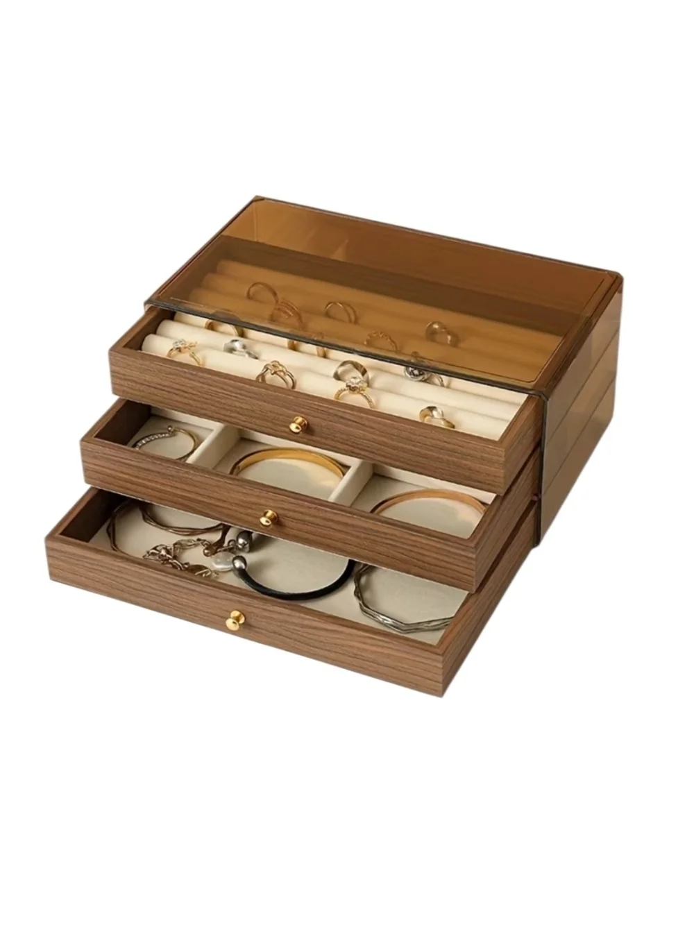 3-Layer Wooden Jewelry Box with Clear Acrylic Lid — New Open Box